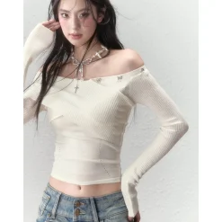 Via Pitti Bow-Knot Pin Off Shoulder Knit Top Cream