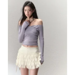 Via Pitti Bow-Knot Pin Off Shoulder Knit Top Purple