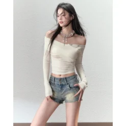 Via Pitti Bow-Knot Pin Off Shoulder Knit Top Cream