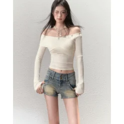 Via Pitti Bow-Knot Pin Off Shoulder Knit Top Cream