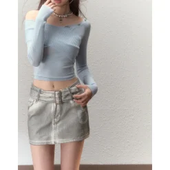 Via Pitti Bow-Knot Pin Off Shoulder Knit Top Blue