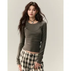 Via Pitti Bow-Knot Vest & Long Sleeve Slim Top Set Brown