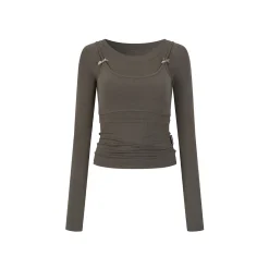 Via Pitti Bow-Knot Vest & Long Sleeve Slim Top Set Brown