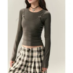 Via Pitti Bow-Knot Vest & Long Sleeve Slim Top Set Brown