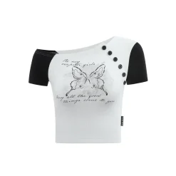 Via Pitti Butterfly Printed Diagonal Shoulder Tee White