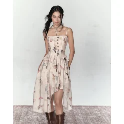 Via Pitti Butterfly Printed Irregular Lace Patchwork Dress