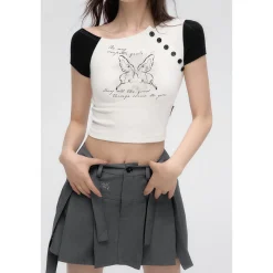 Via Pitti Butterfly Printed Diagonal Shoulder Tee White
