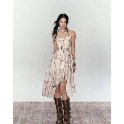 Via Pitti Butterfly Printed Irregular Lace Patchwork Dress