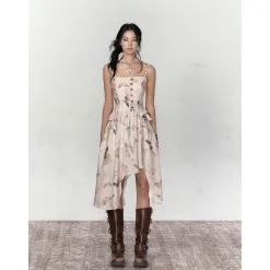 Via Pitti Butterfly Printed Irregular Lace Patchwork Dress