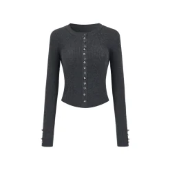 Via Pitti Button Knit Short Slim Top Dark Gray