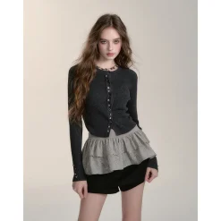 Via Pitti Button Knit Short Slim Top Dark Gray
