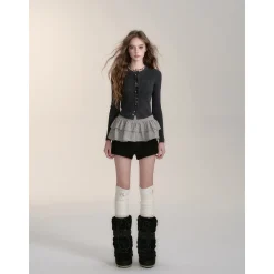 Via Pitti Button Knit Short Slim Top Dark Gray