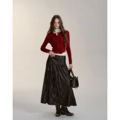 Via Pitti Button Knit Short Slim Top Red