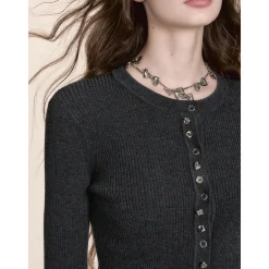 Via Pitti Button Knit Short Slim Top Dark Gray