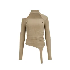 Via Pitti Chocker Neck Cut Out Asymmetrical Top Khaki