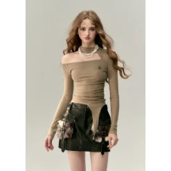 Via Pitti Chocker Neck Cut Out Asymmetrical Top Khaki
