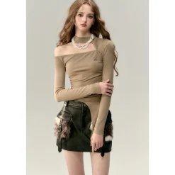 Via Pitti Chocker Neck Cut Out Asymmetrical Top Khaki