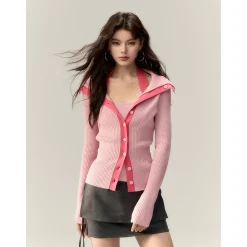 Via Pitti Color Blocked Big Lapel Knit Slim Cardigan Pink