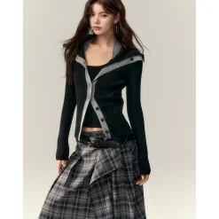 Via Pitti Color Blocked Big Lapel Knit Slim Cardigan Black