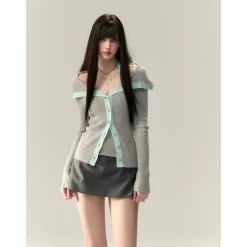 Via Pitti Color Blocked Big Lapel Knit Slim Cardigan Gray