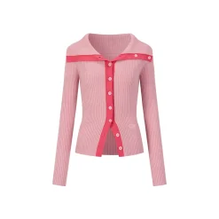 Via Pitti Color Blocked Big Lapel Knit Slim Cardigan Pink