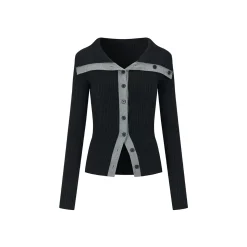 Via Pitti Color Blocked Big Lapel Knit Slim Cardigan Black