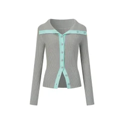 Via Pitti Color Blocked Big Lapel Knit Slim Cardigan Gray