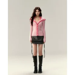Via Pitti Color Blocked Big Lapel Knit Slim Cardigan Pink