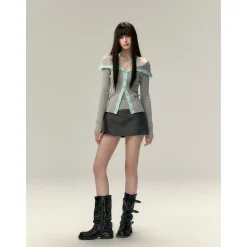 Via Pitti Color Blocked Big Lapel Knit Slim Cardigan Gray