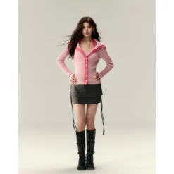 Via Pitti Color Blocked Big Lapel Knit Slim Cardigan Pink