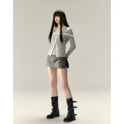 Via Pitti Color Blocked Big Lapel Knit Slim Cardigan Gray