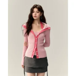 Via Pitti Color Blocked Big Lapel Knit Slim Cardigan Pink