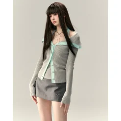 Via Pitti Color Blocked Big Lapel Knit Slim Cardigan Gray