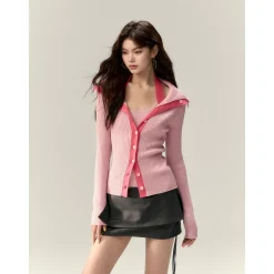Via Pitti Color Blocked Big Lapel Knit Slim Cardigan Pink