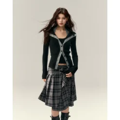 Via Pitti Color Blocked Big Lapel Knit Slim Cardigan Black