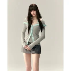 Via Pitti Color Blocked Big Lapel Knit Slim Cardigan Gray