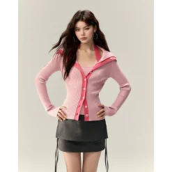 Via Pitti Color Blocked Big Lapel Knit Slim Cardigan Pink