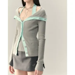 Via Pitti Color Blocked Big Lapel Knit Slim Cardigan Gray