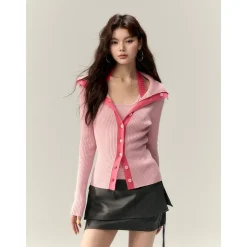 Via Pitti Color Blocked Big Lapel Knit Slim Cardigan Pink