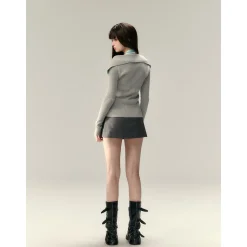 Via Pitti Color Blocked Big Lapel Knit Slim Cardigan Gray