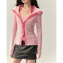 Via Pitti Color Blocked Big Lapel Knit Slim Cardigan Pink