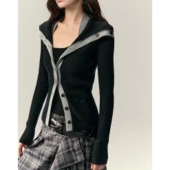 Via Pitti Color Blocked Big Lapel Knit Slim Cardigan Black
