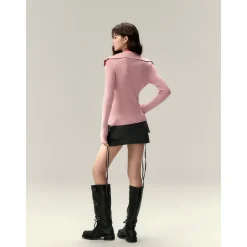 Via Pitti Color Blocked Big Lapel Knit Slim Cardigan Pink