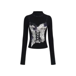 Via Pitti Color Blocked 3D Lace Patchwork Top Black