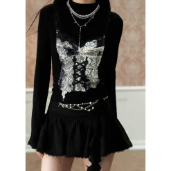 Via Pitti Color Blocked 3D Lace Patchwork Top Black