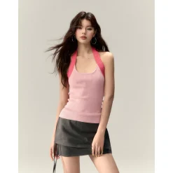 Via Pitti Color Blocked Halter Knit Slim Vest Pink