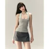 Via Pitti Color Blocked Halter Knit Slim Vest Gray