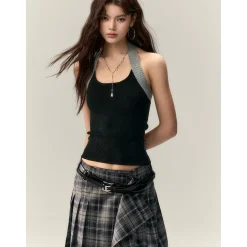 Via Pitti Color Blocked Halter Knit Slim Vest Black