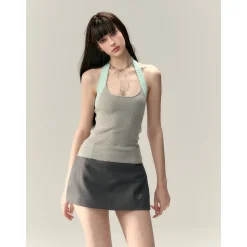 Via Pitti Color Blocked Halter Knit Slim Vest Gray