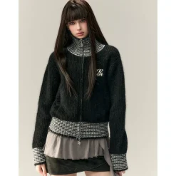 Via Pitti Color Blocked High Collar Knit Cardigan Black